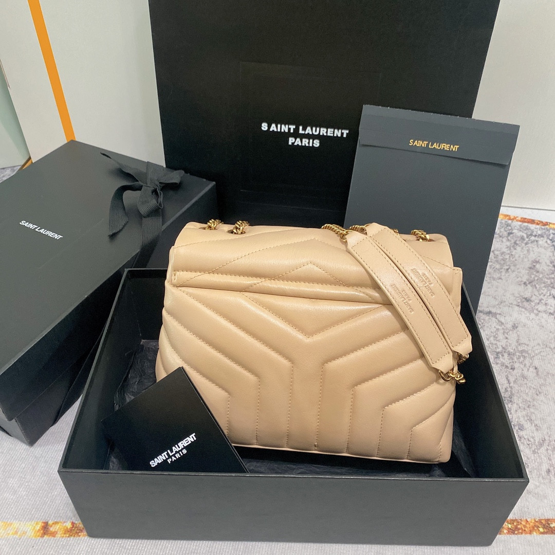 YSL LOULOU SMALL IN QUILTED LEATHER light beige 9 X 6.1 X 3.3 INCHES