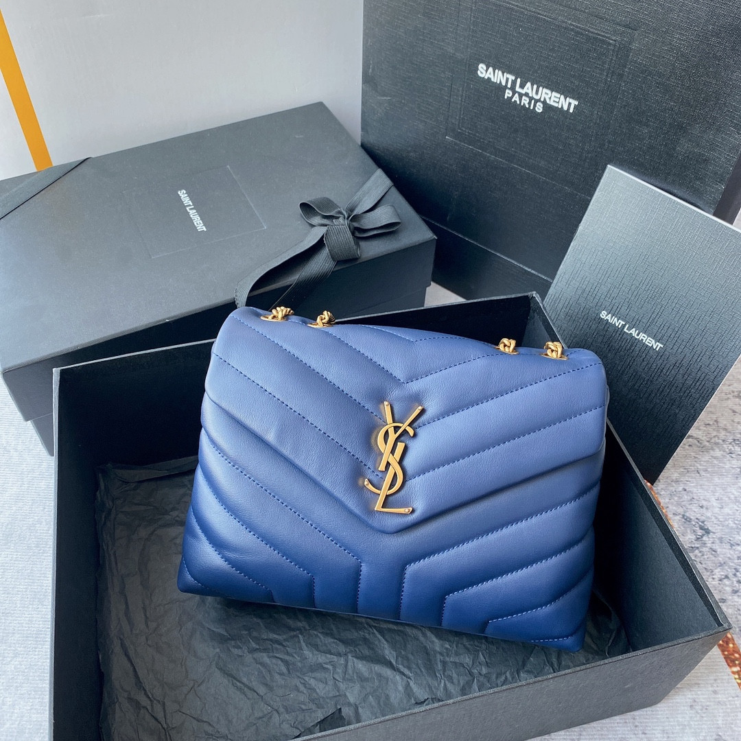 YSL LOULOU SMALL IN QUILTED LEATHER BLUE GOLD 9 X 6.1 X 3.3 INCHES