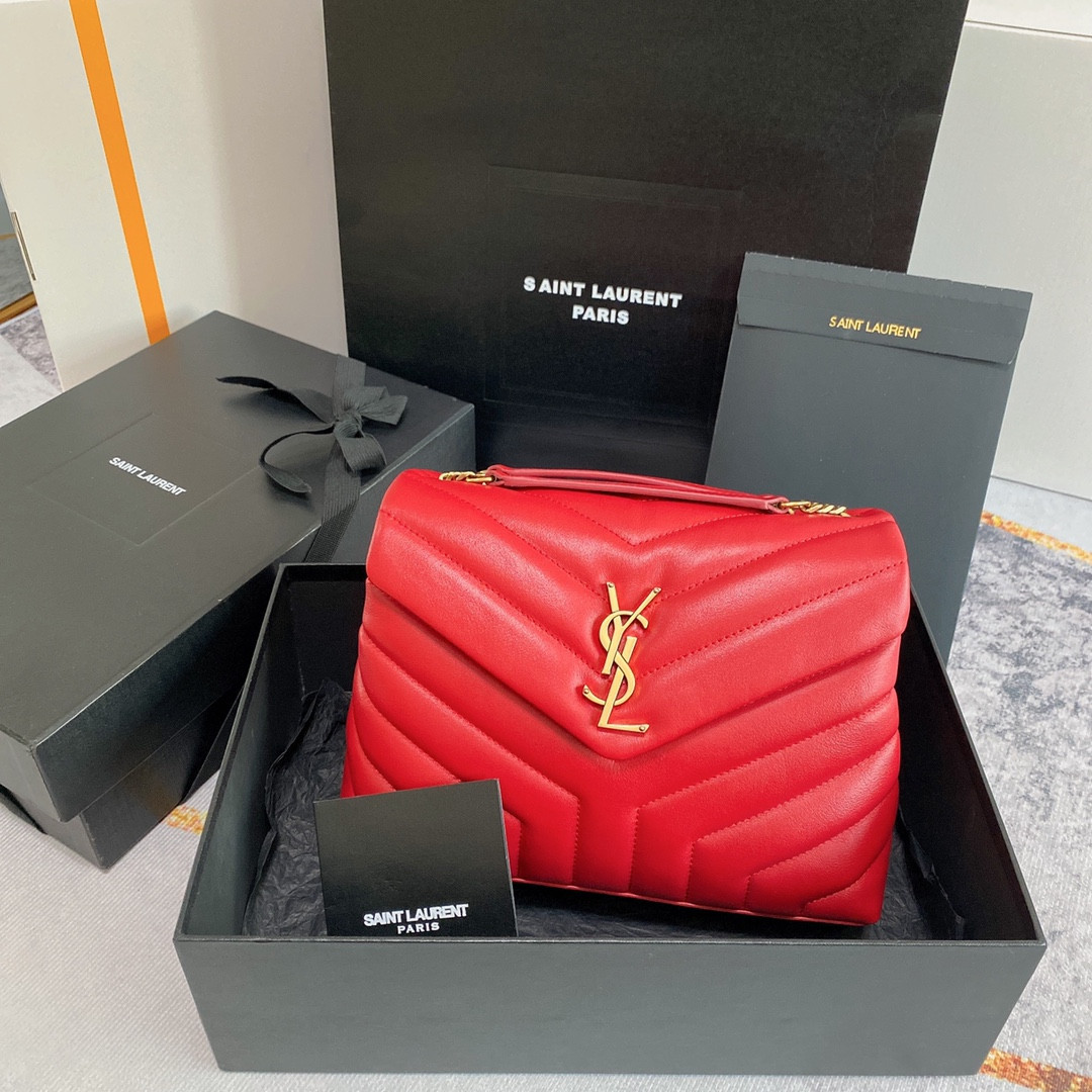 YSL LOULOU SMALL IN QUILTED LEATHER SHINY RED GOLD 9 X 6.1 X 3.3 INCHES