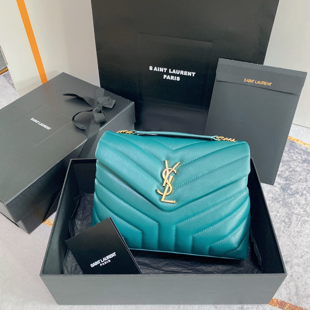 YSL LOULOU SMALL IN QUILTED LEATHER BLUE GOLD 9 X 6.1 X 3.3 INCHES