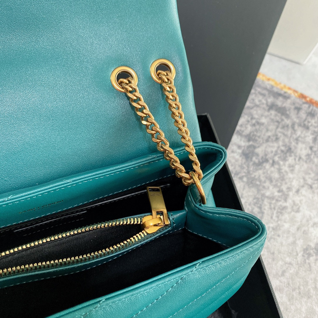 YSL LOULOU SMALL IN QUILTED LEATHER BLUE GOLD 9 X 6.1 X 3.3 INCHES