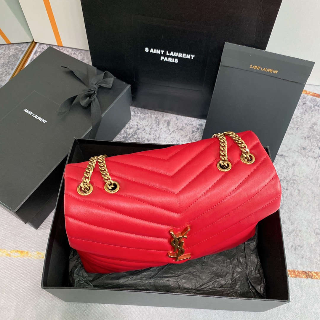 YSL LOULOU MEDIUM IN QUILTED LEATHER RED 12.5 X 8.6 X 3.5 INCHES