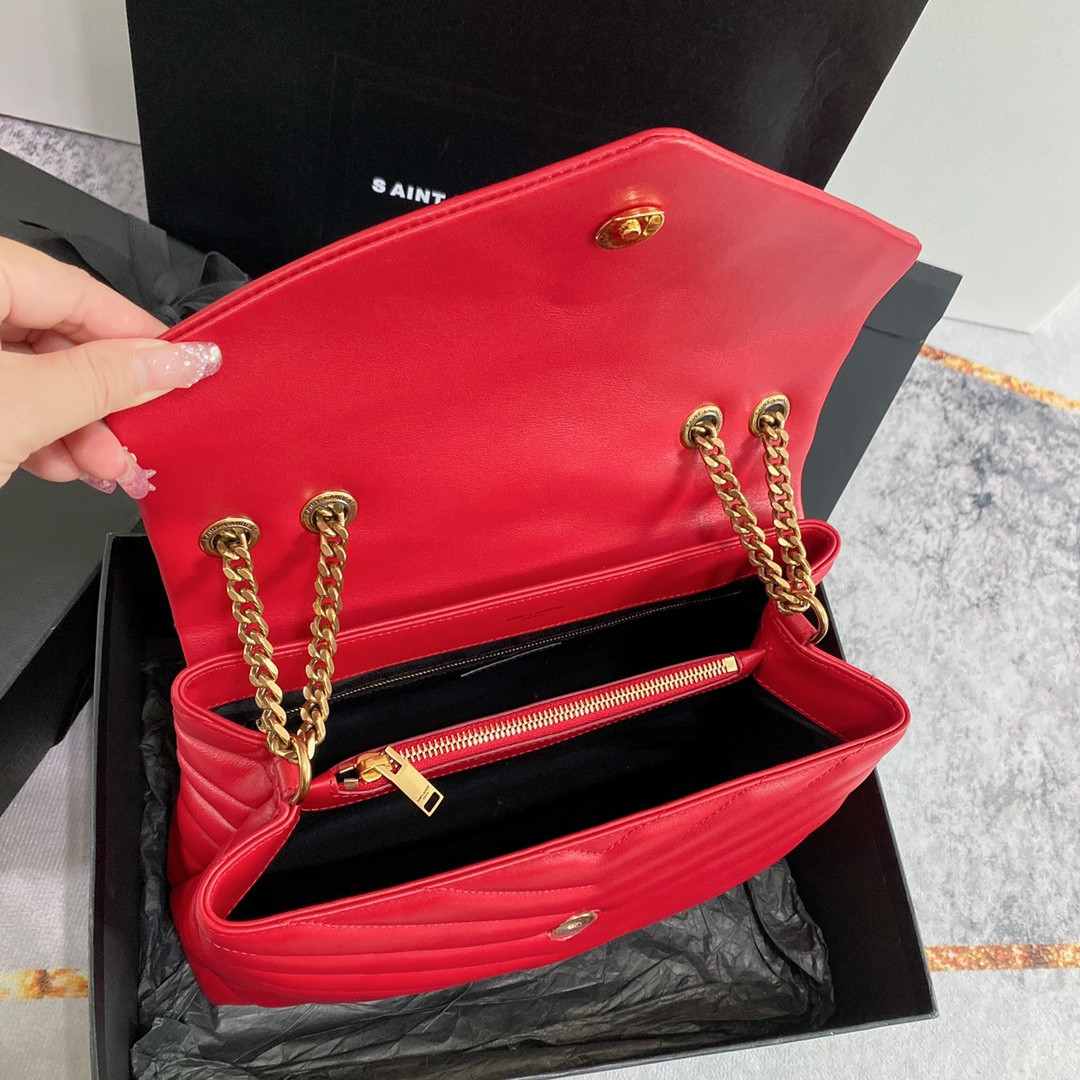 YSL LOULOU MEDIUM IN QUILTED LEATHER RED 12.5 X 8.6 X 3.5 INCHES