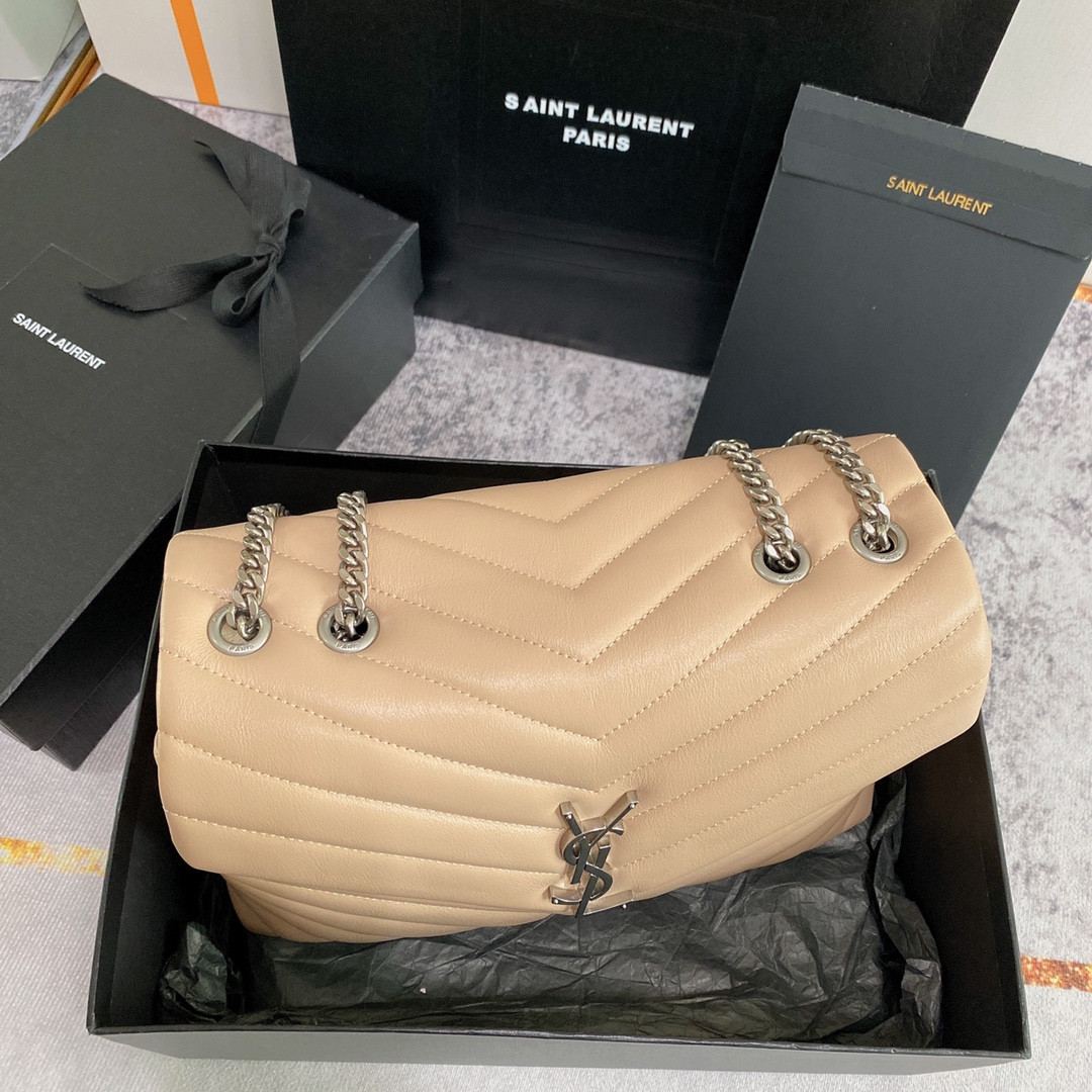 YSL LOULOU MEDIUM IN QUILTED LEATHER DARK BEIGE SILVER 12.5 X 8.6 X 3.5 INCHES