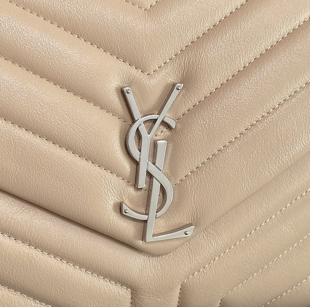 YSL LOULOU MEDIUM IN QUILTED LEATHER DARK BEIGE SILVER 12.5 X 8.6 X 3.5 INCHES