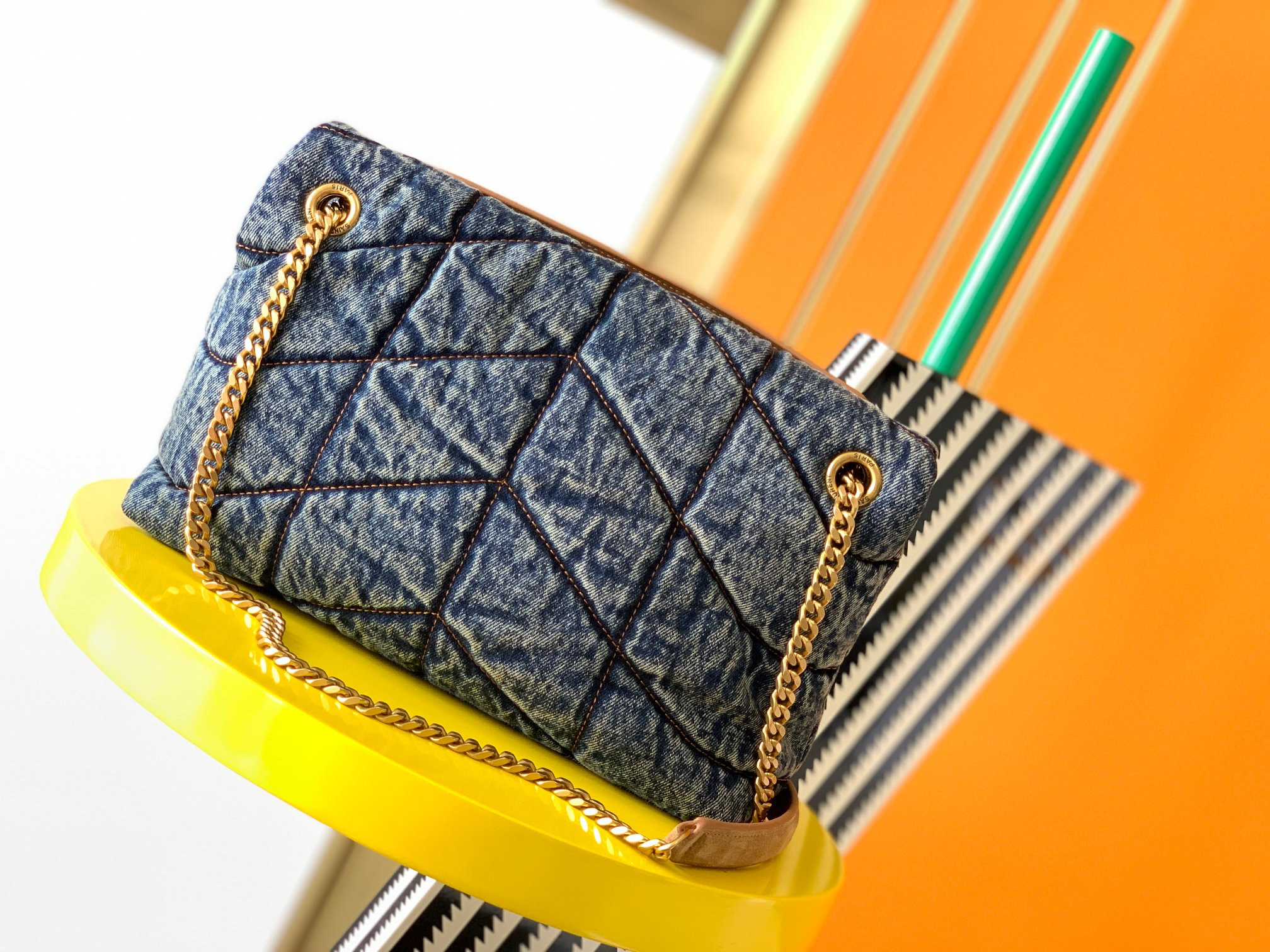 YSL PUFFER SMALL IN SUEDE AND DENIM LIGHT BLUE 11.4 X 6.6 X 4.3 INCHES