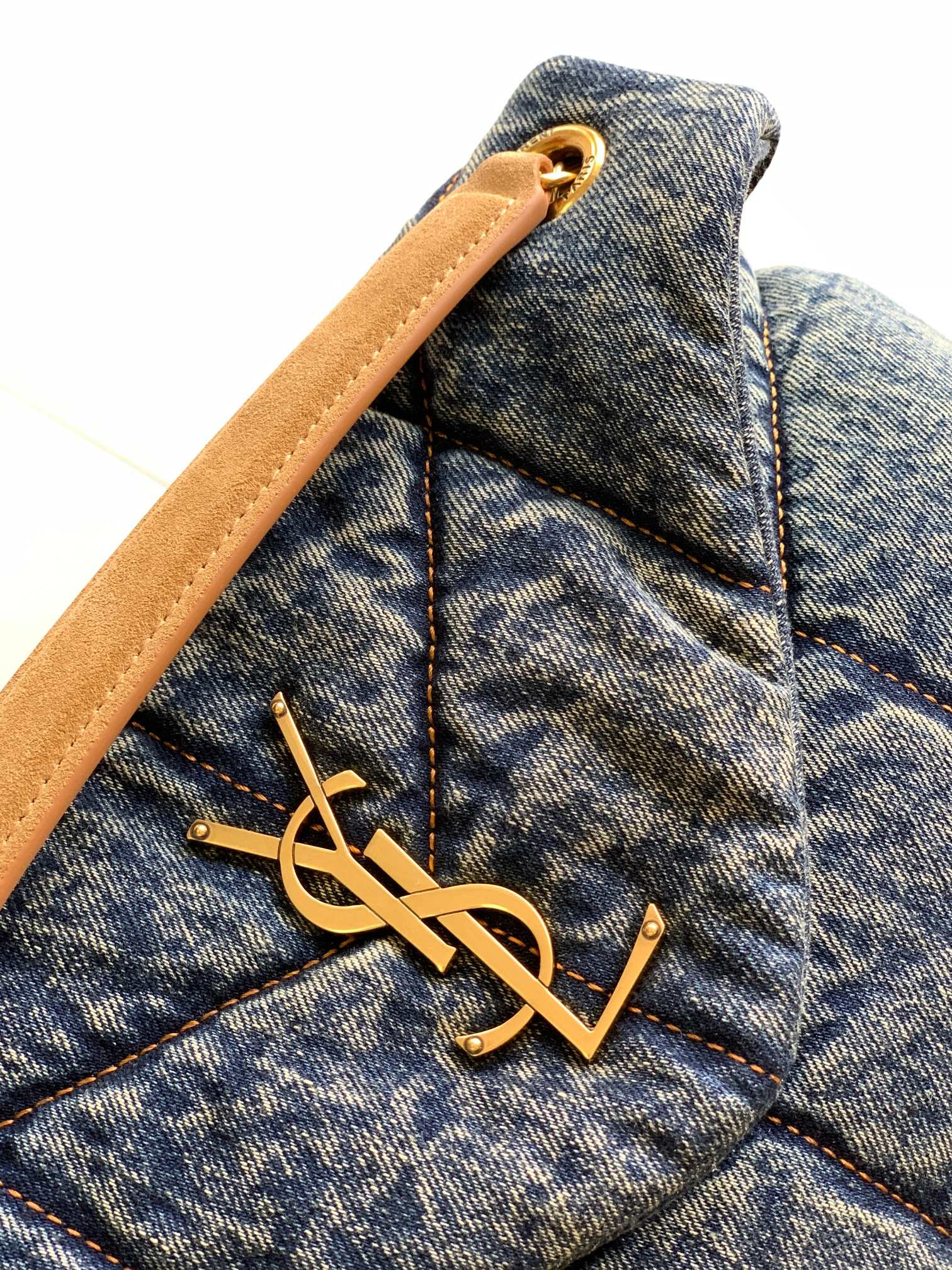 YSL PUFFER SMALL IN SUEDE AND DENIM RODEO BLUE 11.4 X 6.6 X 4.3 INCHES