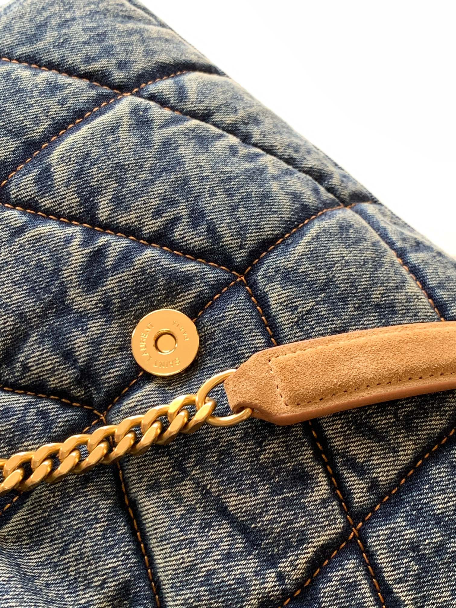 YSL PUFFER SMALL IN SUEDE AND DENIM RODEO BLUE 11.4 X 6.6 X 4.3 INCHES