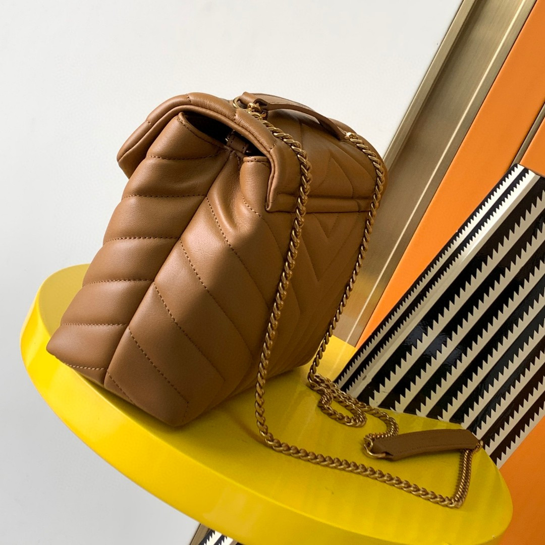 YSL LOULOU SMALL IN QUILTED LEATHER BROWN 9 X 6.1 X 3.3 INCHES