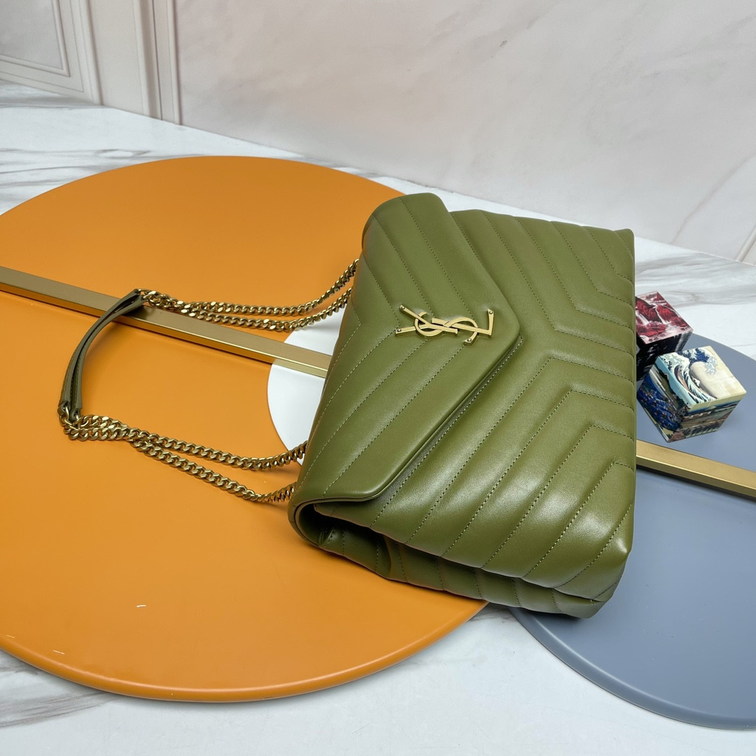 YSL LOULOU MEDIUM IN QUILTED LEATHER DARK GREEN 12.5 X 8.6 X 3.5 INCHES