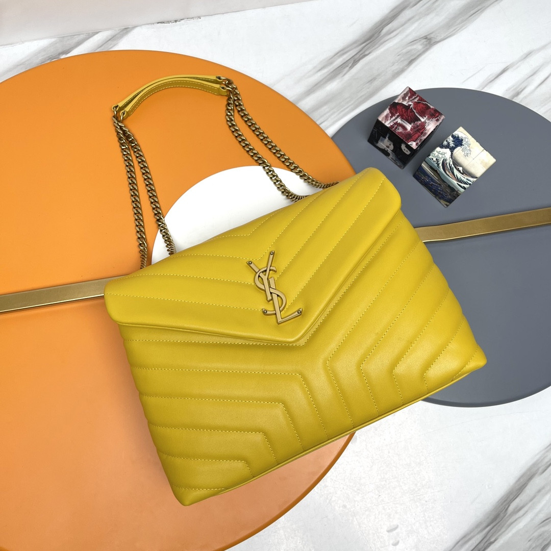 YSL LOULOU MEDIUM IN QUILTED LEATHER YELLOW 12.5 X 8.6 X 3.5 INCHES
