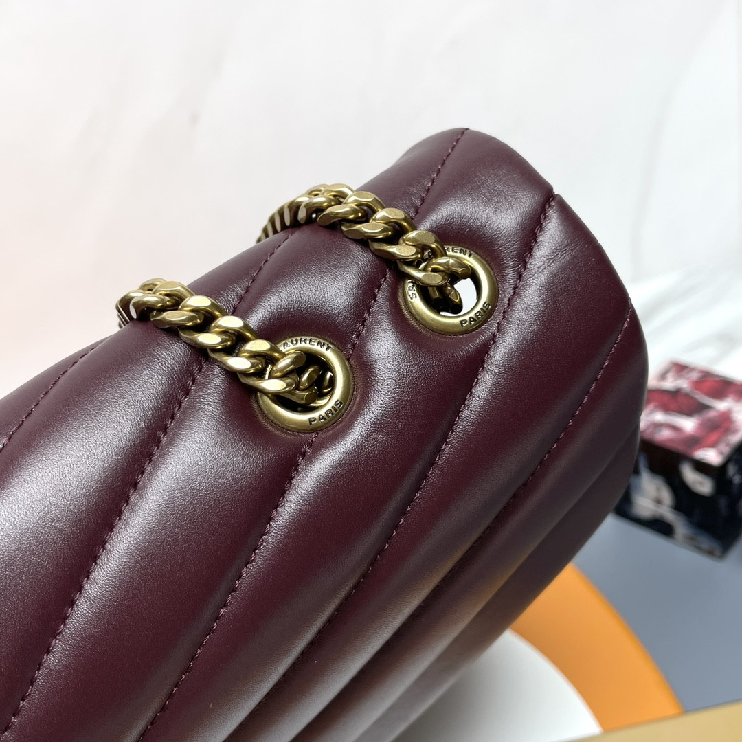 YSL LOULOU MEDIUM IN QUILTED LEATHER DARK RED 12.5 X 8.6 X 3.5 INCHES