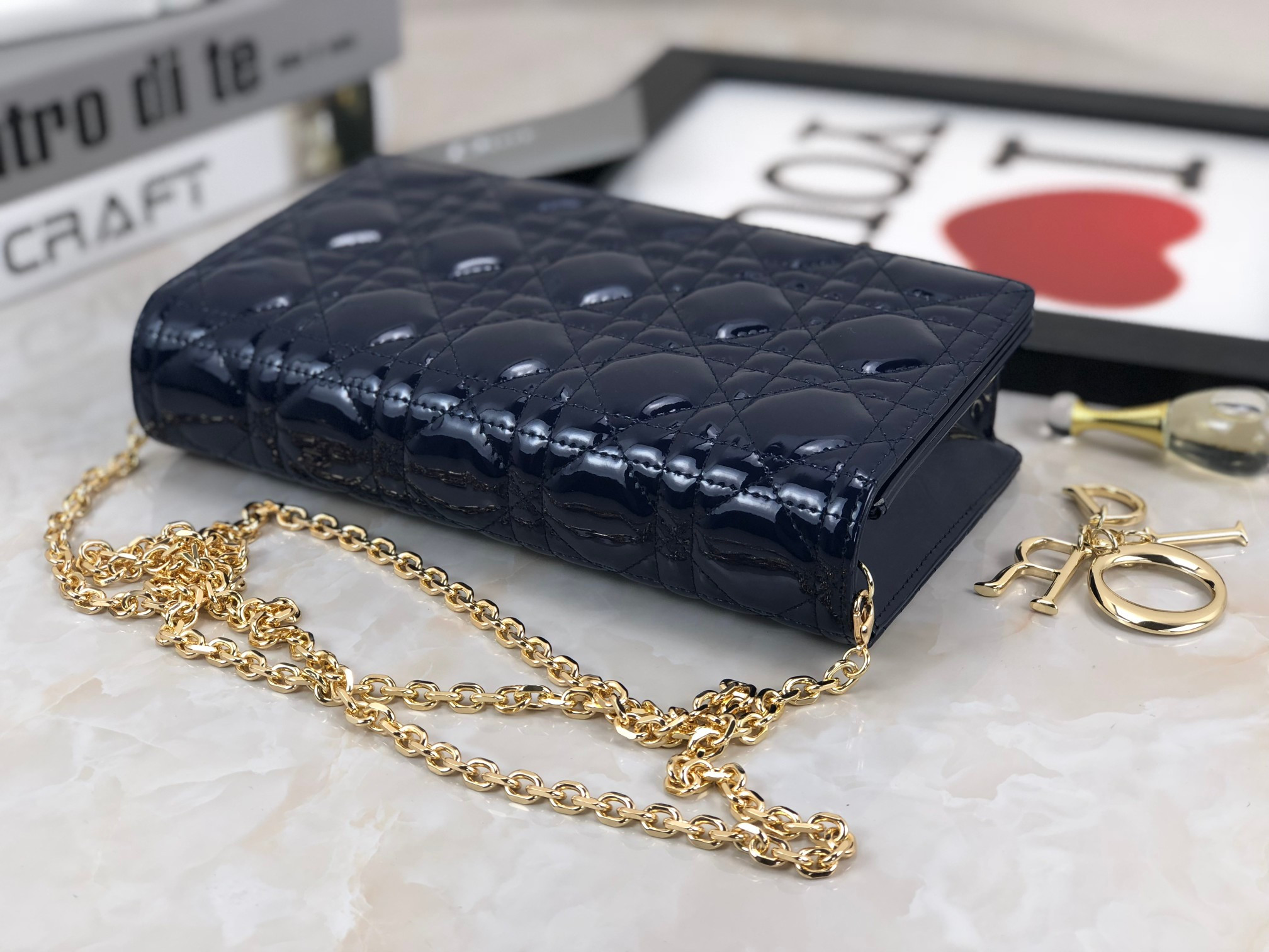 Lady Dior Pouch  Navy Patent Cannage Calfskin 8.5 x 4.5 x 1 inches