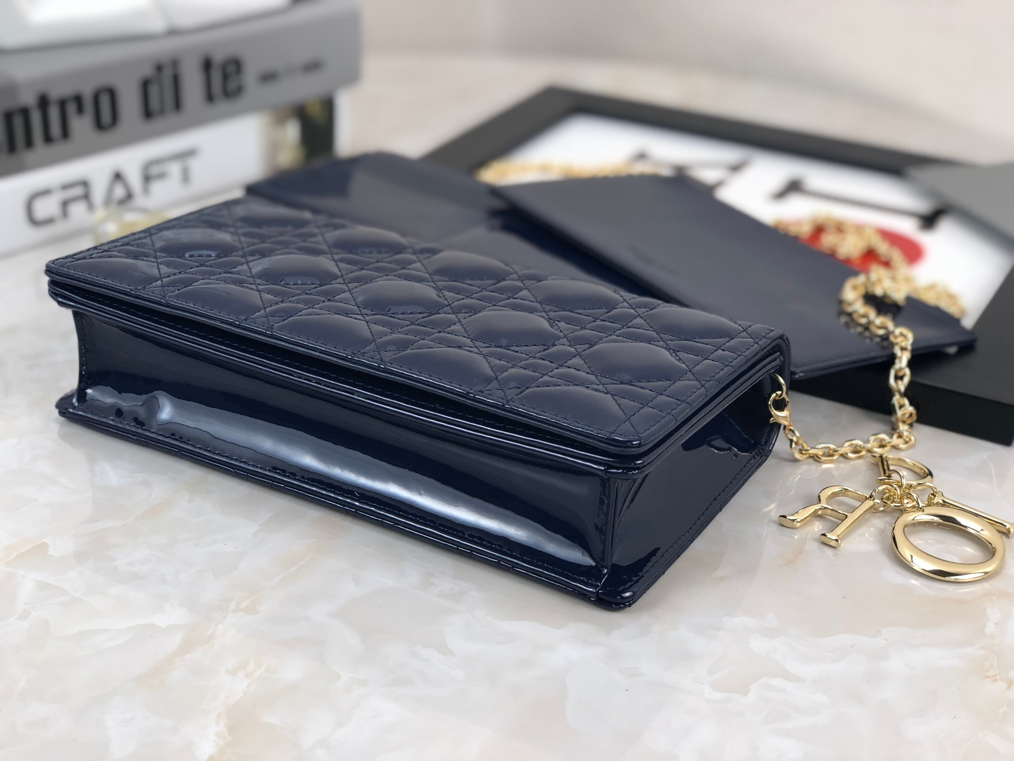 Lady Dior Pouch  Navy Patent Cannage Calfskin 8.5 x 4.5 x 1 inches