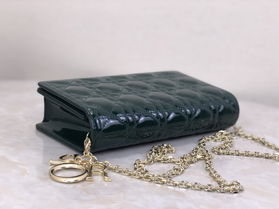 Lady Dior Pouch Dark Green Patent Cannage Calfskin 8.5 x 4.5 x 1 inches