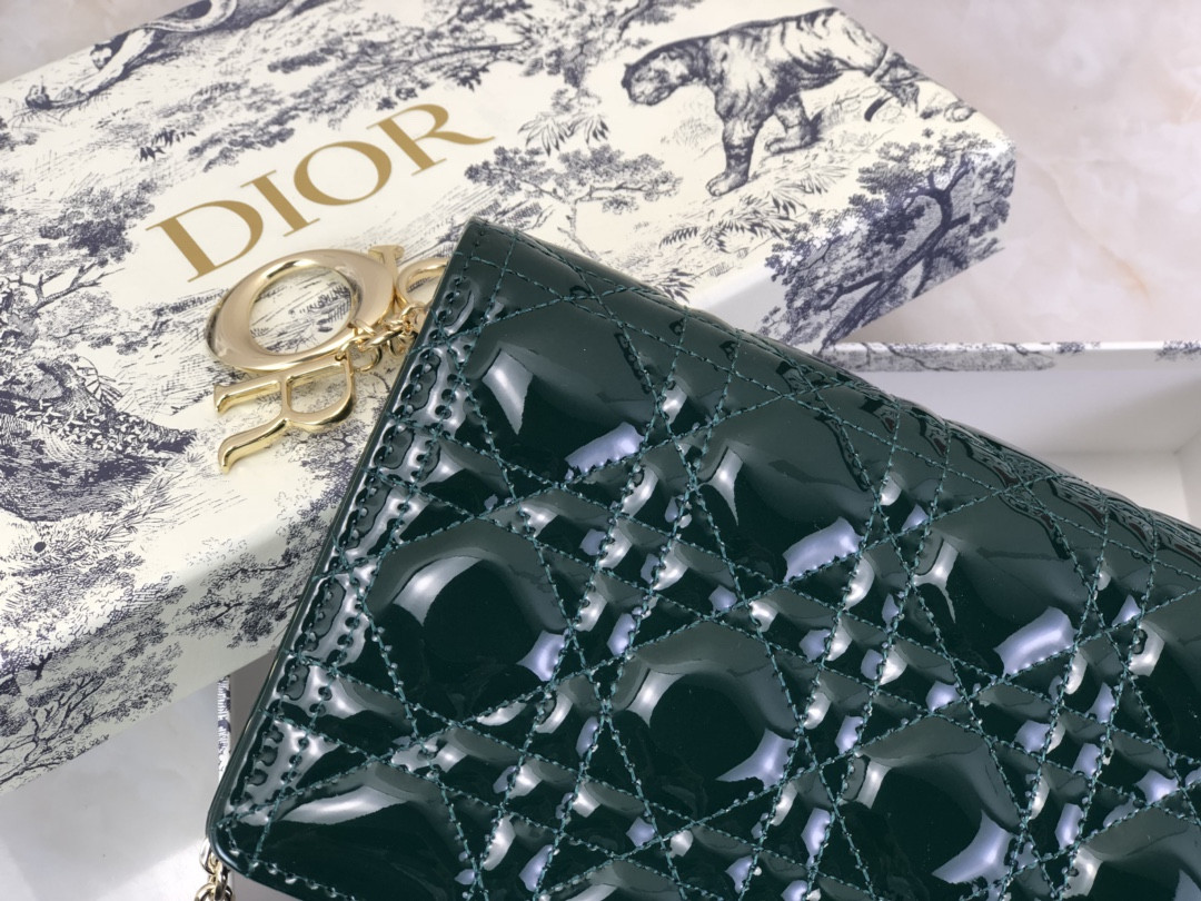 Lady Dior Pouch Dark Green Patent Cannage Calfskin 8.5 x 4.5 x 1 inches