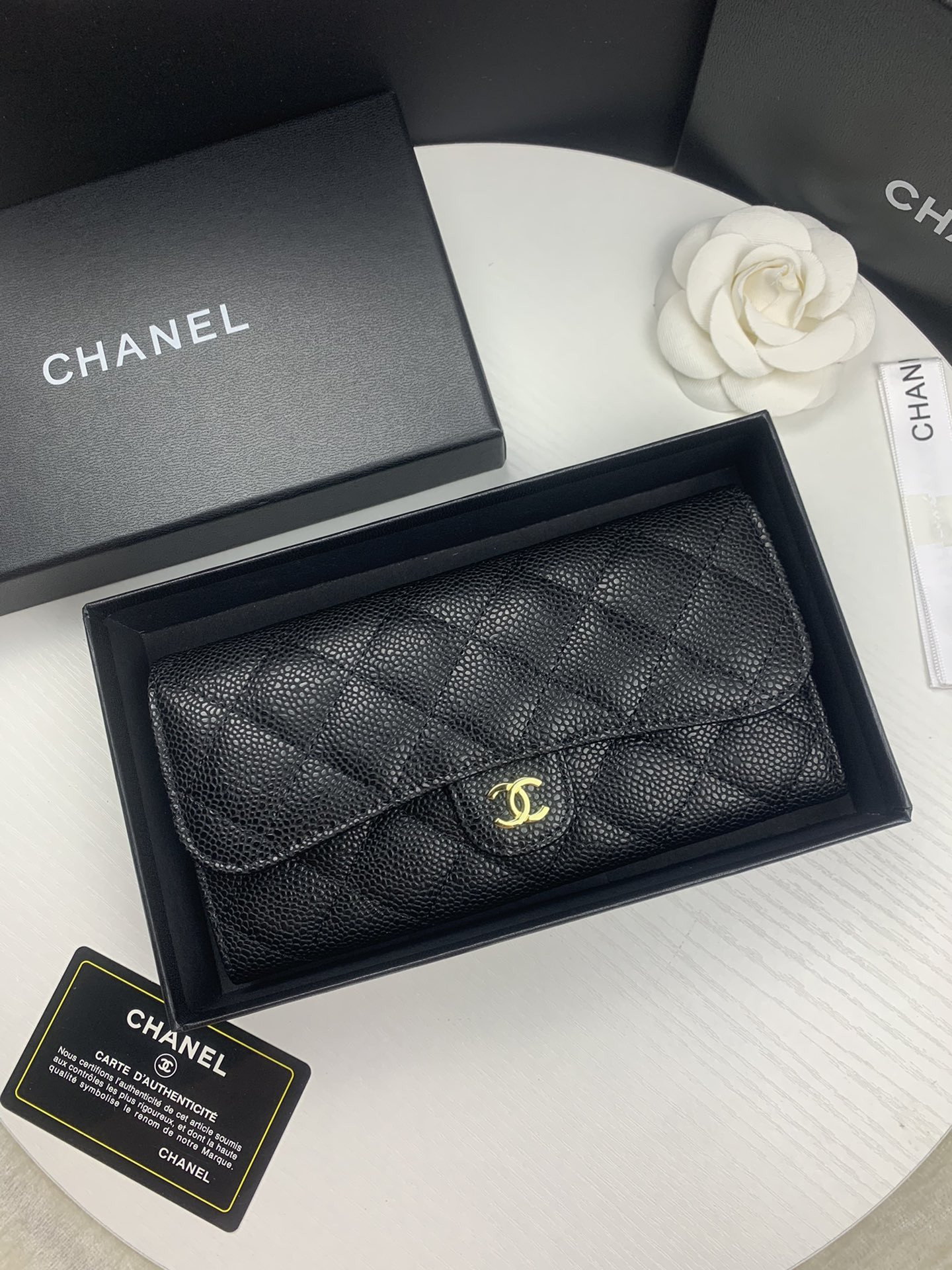 CHANEL FLAP WALLET GRAINED LEATHER BLACK GOLD 19.5 x10 cm