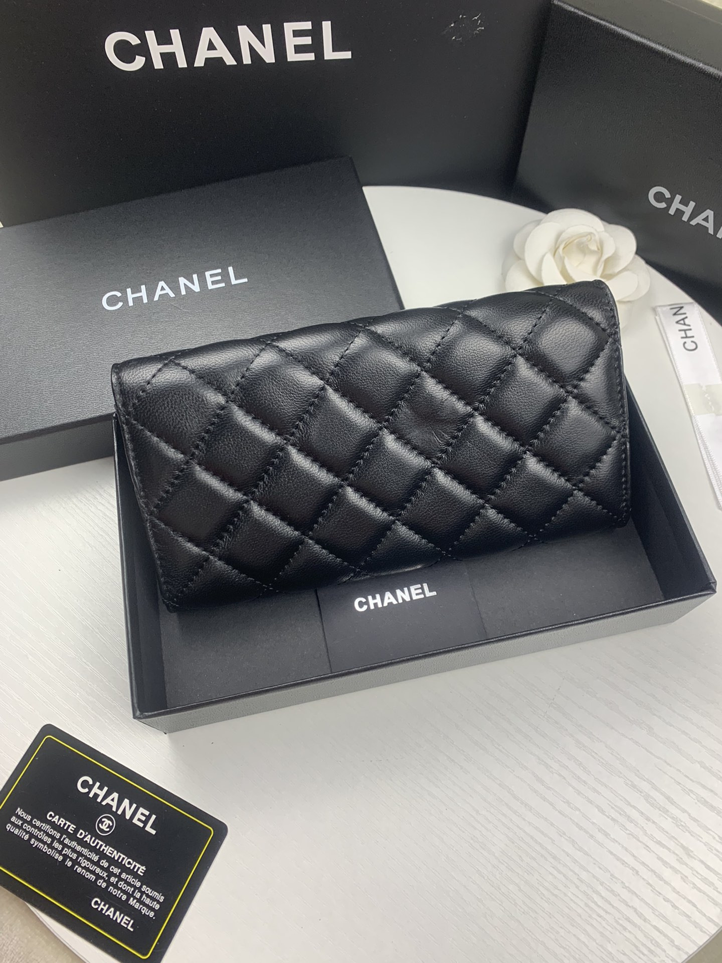 CHANEL FLAP WALLET BLACK SILVER 19.5 x10 cm