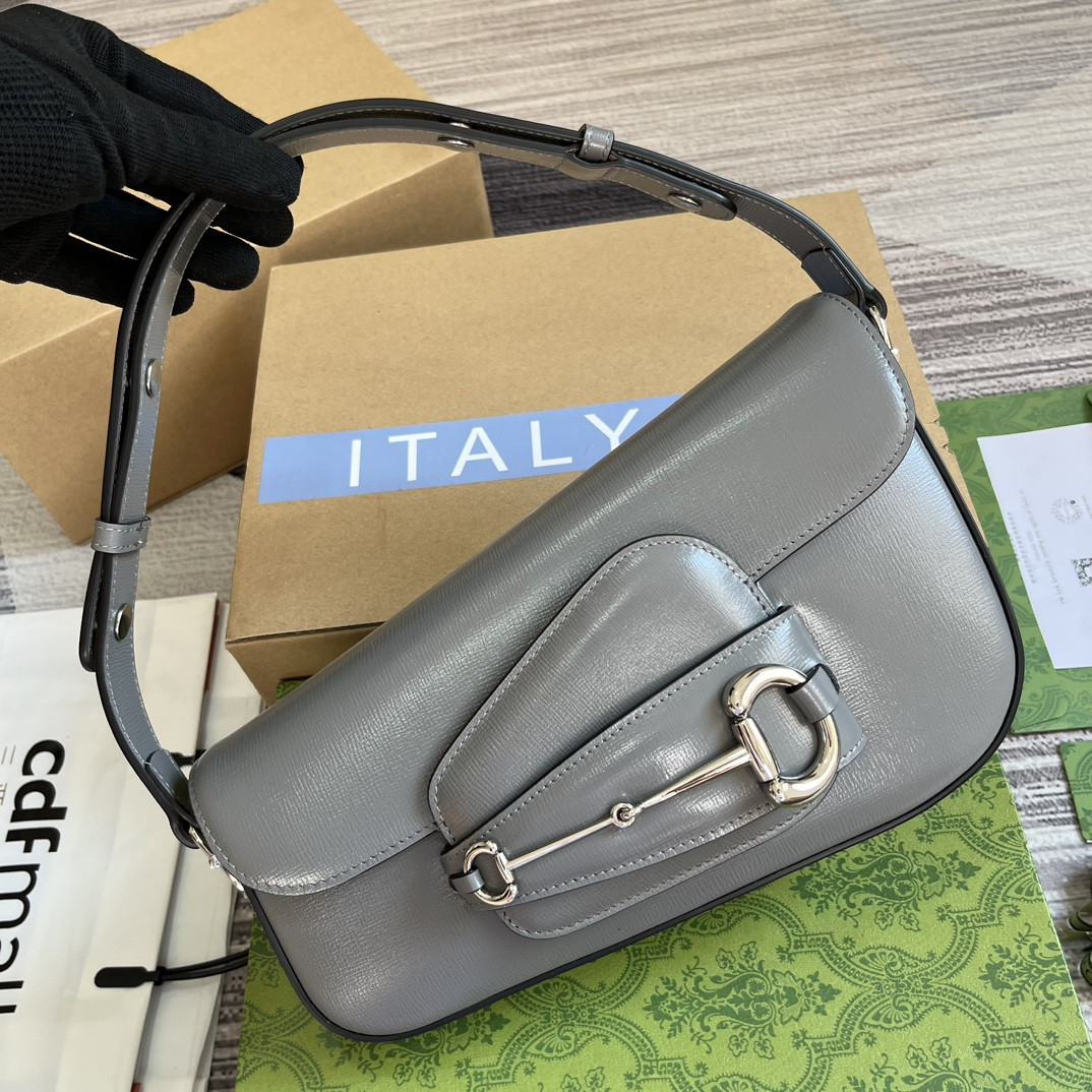 GUCCI HORSEBIT 1955 SMALL SHOULDER BAG GRAY 10.4"W x 6.7-4.1"H x 3.1-1.6"D