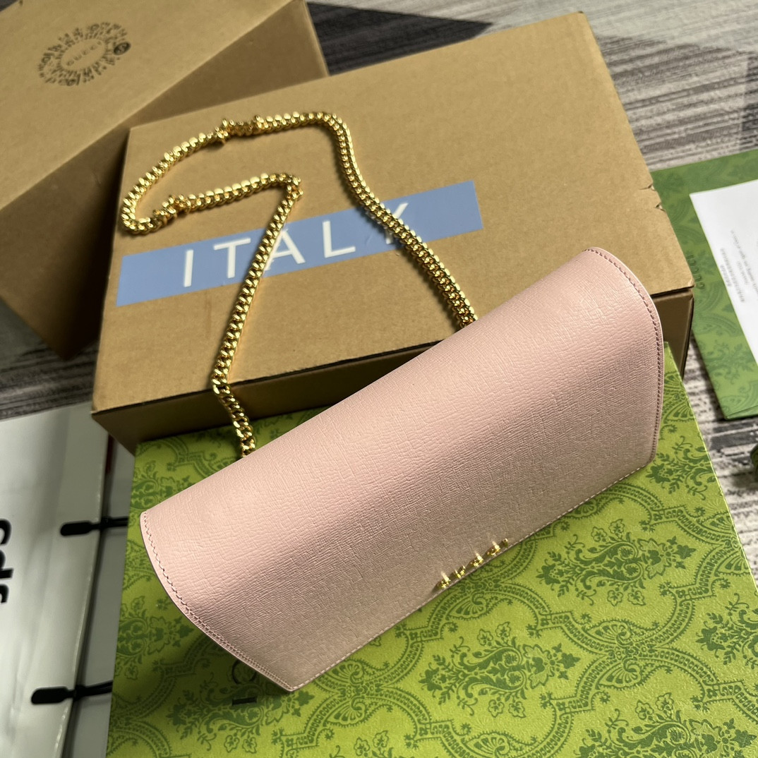 CHAIN WALLET WITH GUCCI SCRIPT PINK 7.8"W x 5"H x 1.6"D