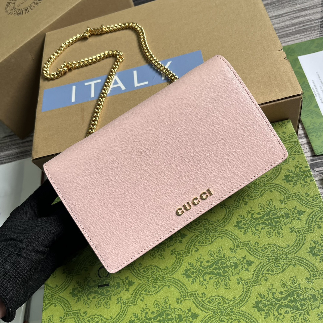 CHAIN WALLET WITH GUCCI SCRIPT PINK 7.8"W x 5"H x 1.6"D