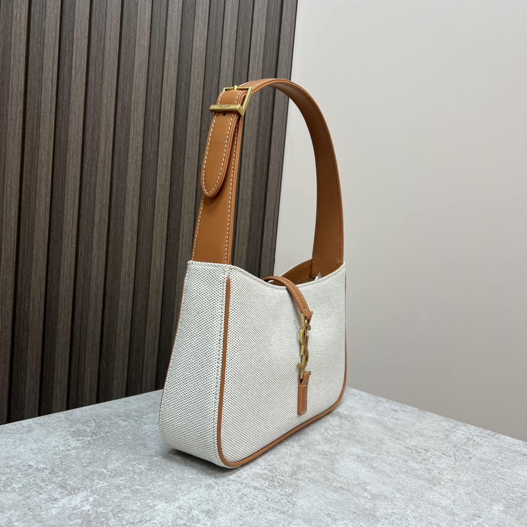 YSL LE 5 À 7 IN CANVAS AND LEATHER GREGE AND BRICK 9 X 6.3 X 2.5 INCHES