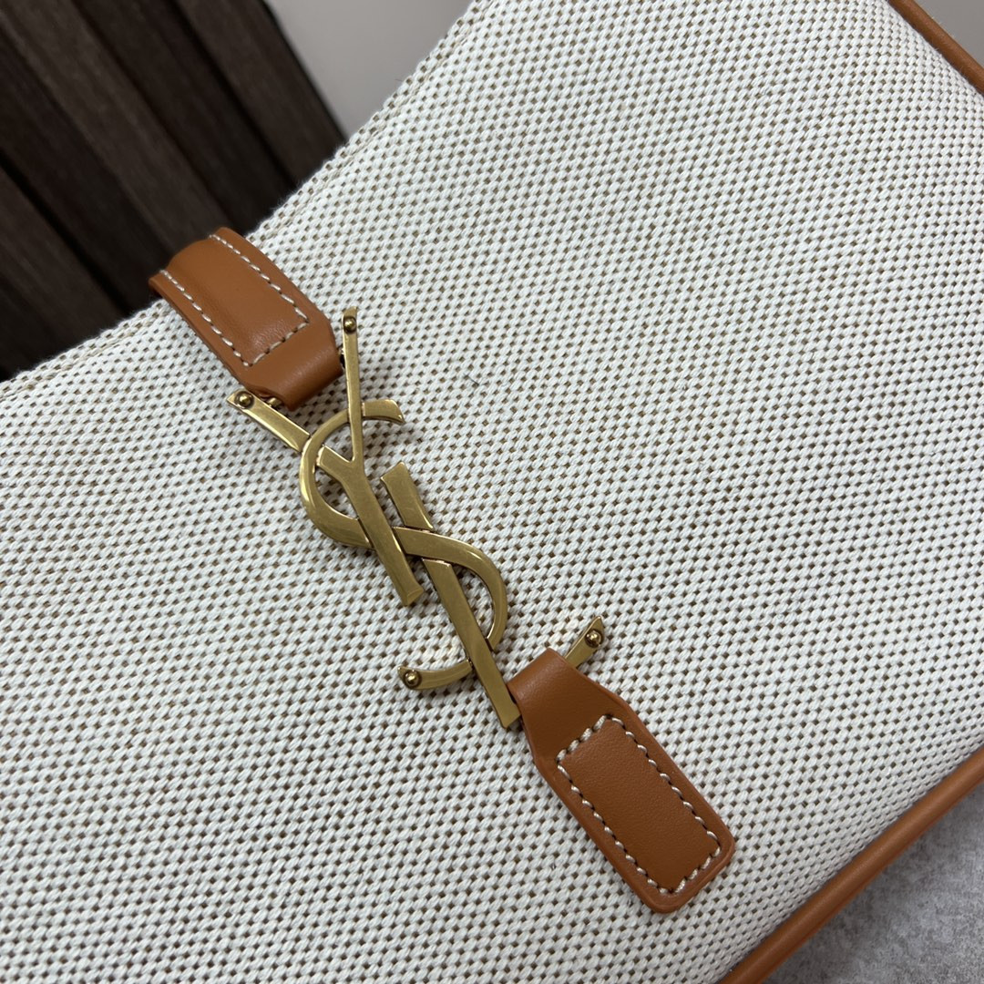 YSL LE 5 À 7 IN CANVAS AND LEATHER GREGE AND BRICK 9 X 6.3 X 2.5 INCHES