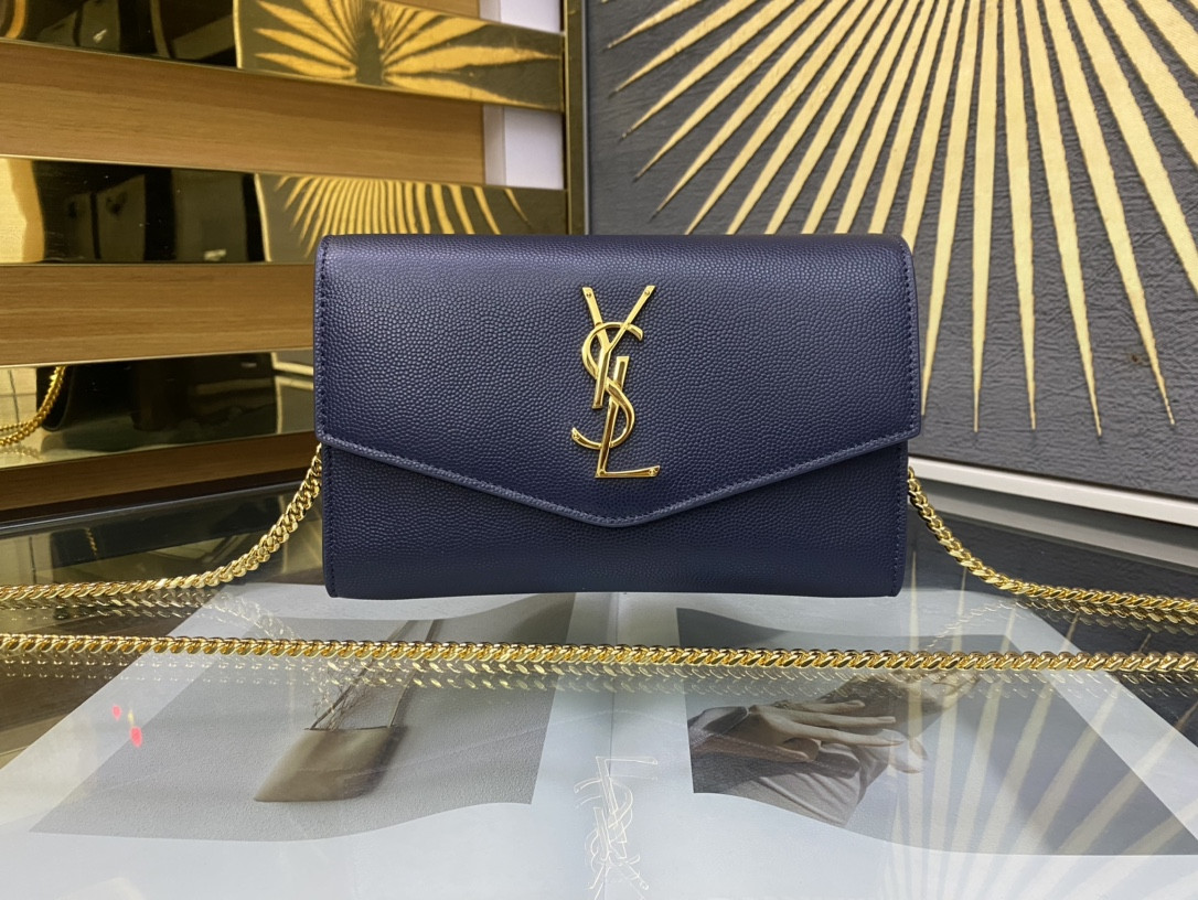 YSL UPTOWN CHAIN WALLET IN GRAIN DE POUDRE EMBOSSED LEATHER NAVY 7.5 X 4.7 X 1.2 INCHES