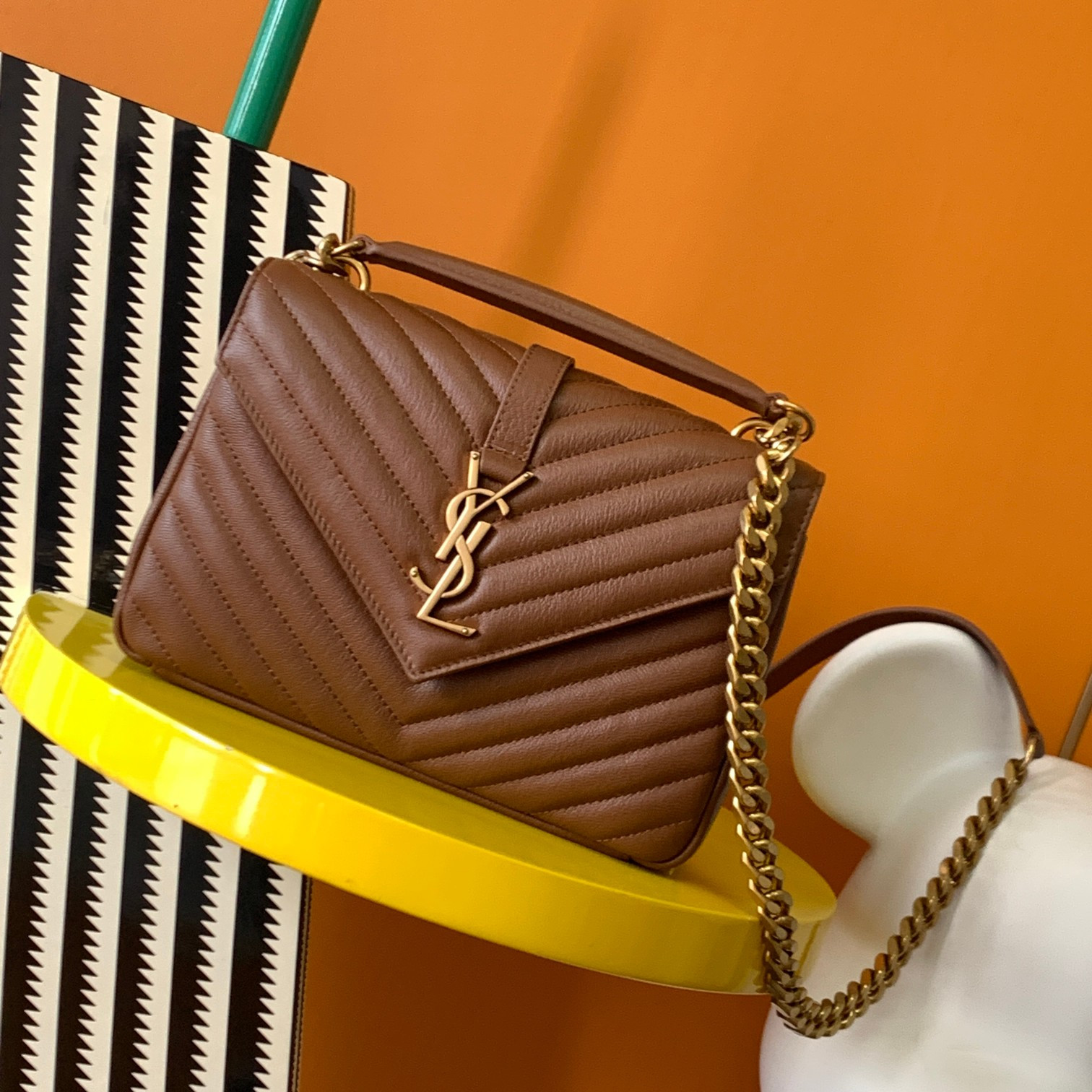 YSL COLLEGE MEDIUM IN QUILTED LEATHER COFFEE 9.4 X 6.6 X 2.5 INCHES