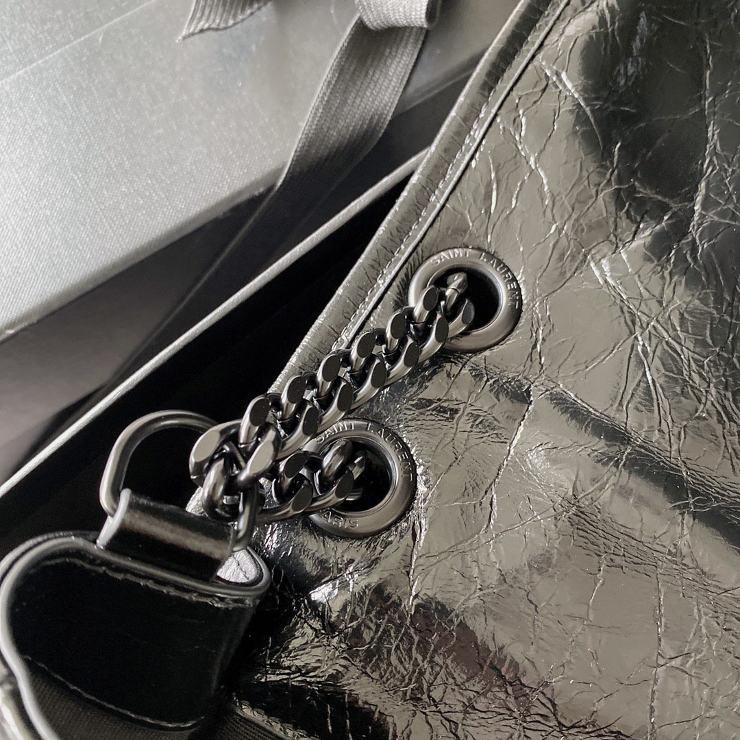 YSL NIKI MEDIUM IN VINTAGE LEATHER ALL BLACK 11 X 7.8 X 3.3 INCHES