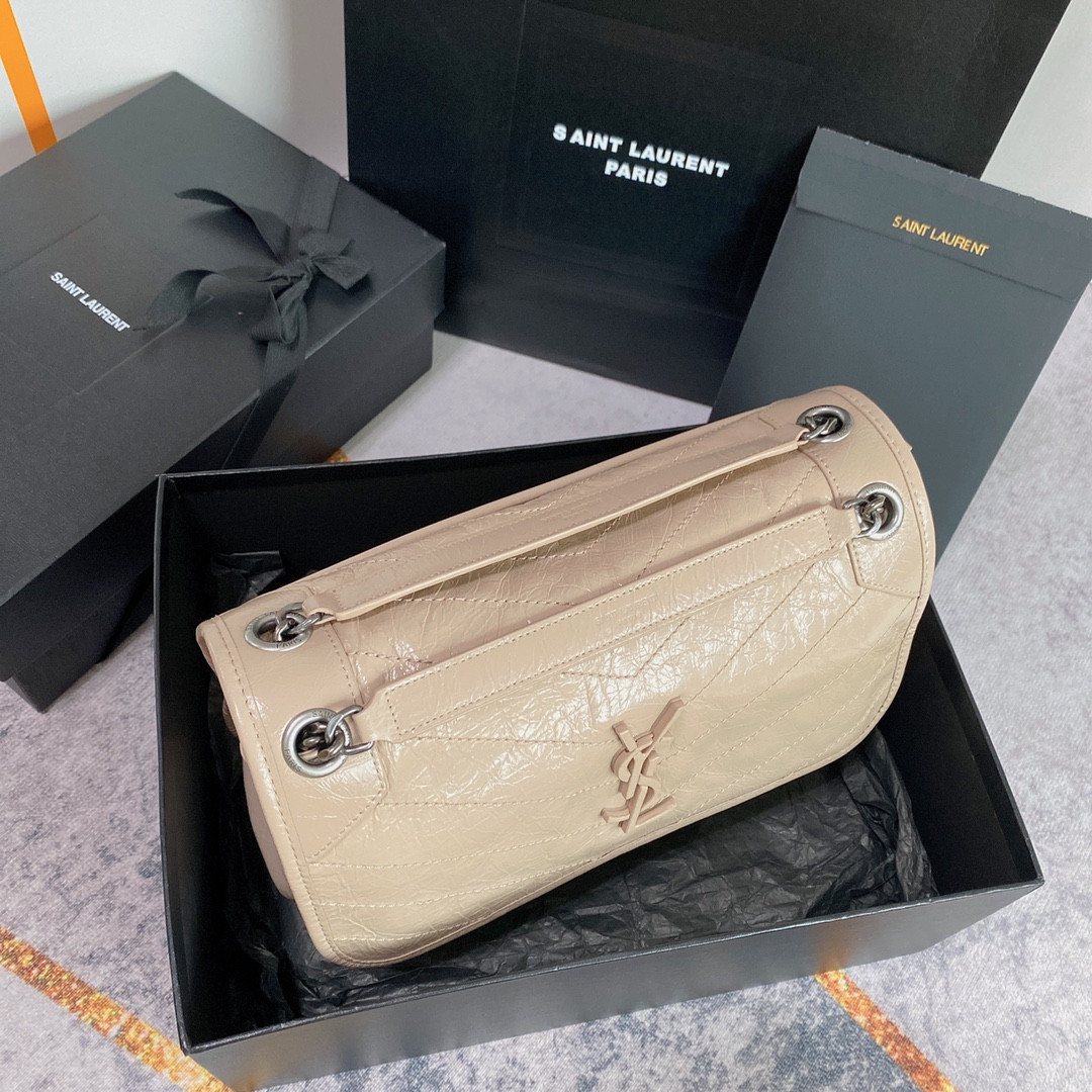 YSL NIKI MEDIUM IN VINTAGE LEATHER BEIGE 11 X 7.8 X 3.3 INCHES