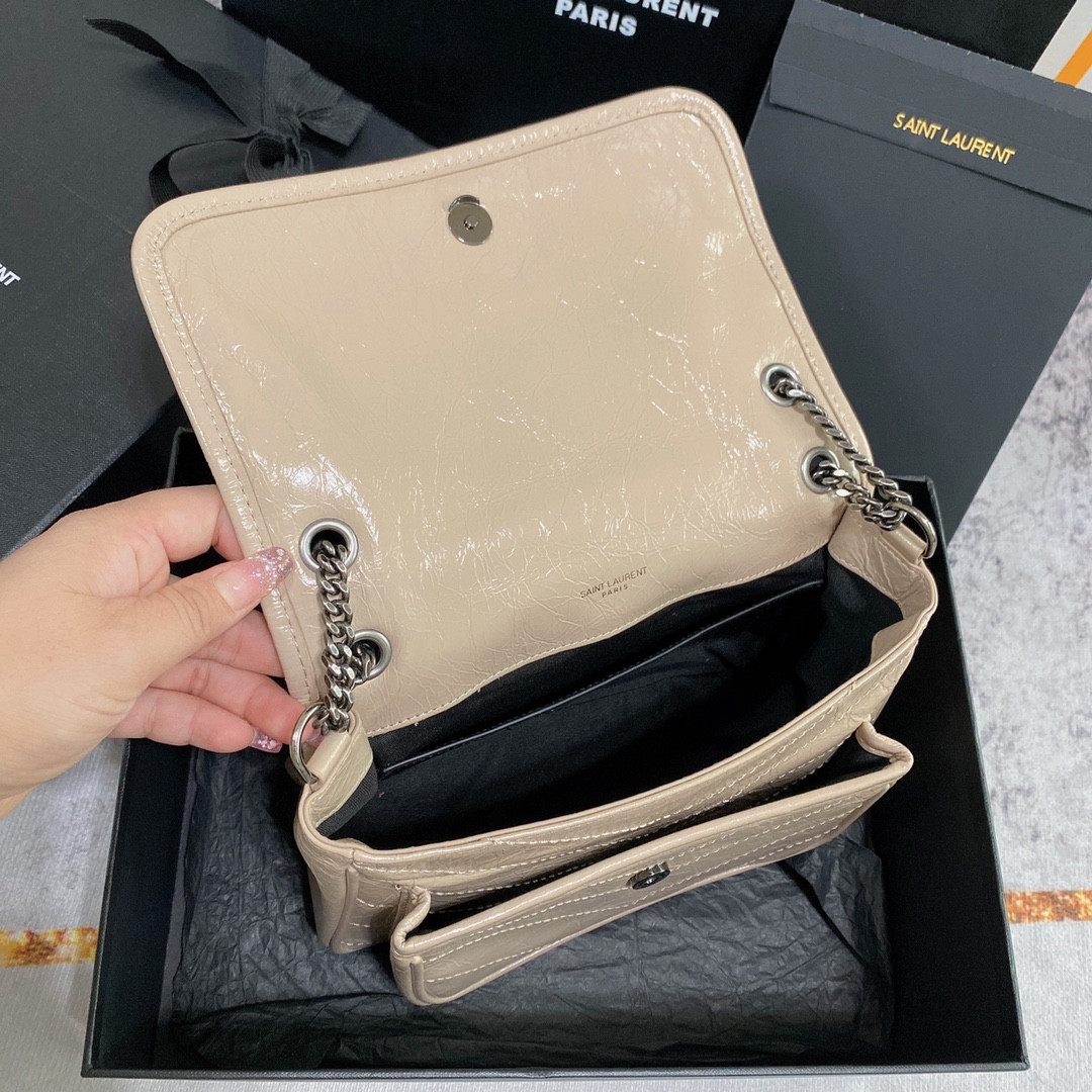 YSL NIKI BABY IN VINTAGE LEATHER BEIGE 8.2 X 6 X 2.9 INCHES