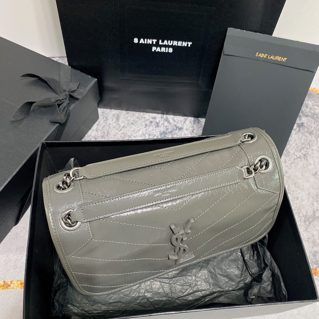 YSL NIKI MEDIUM IN VINTAGE LEATHER STORM 11 X 7.8 X 3.3 INCHES