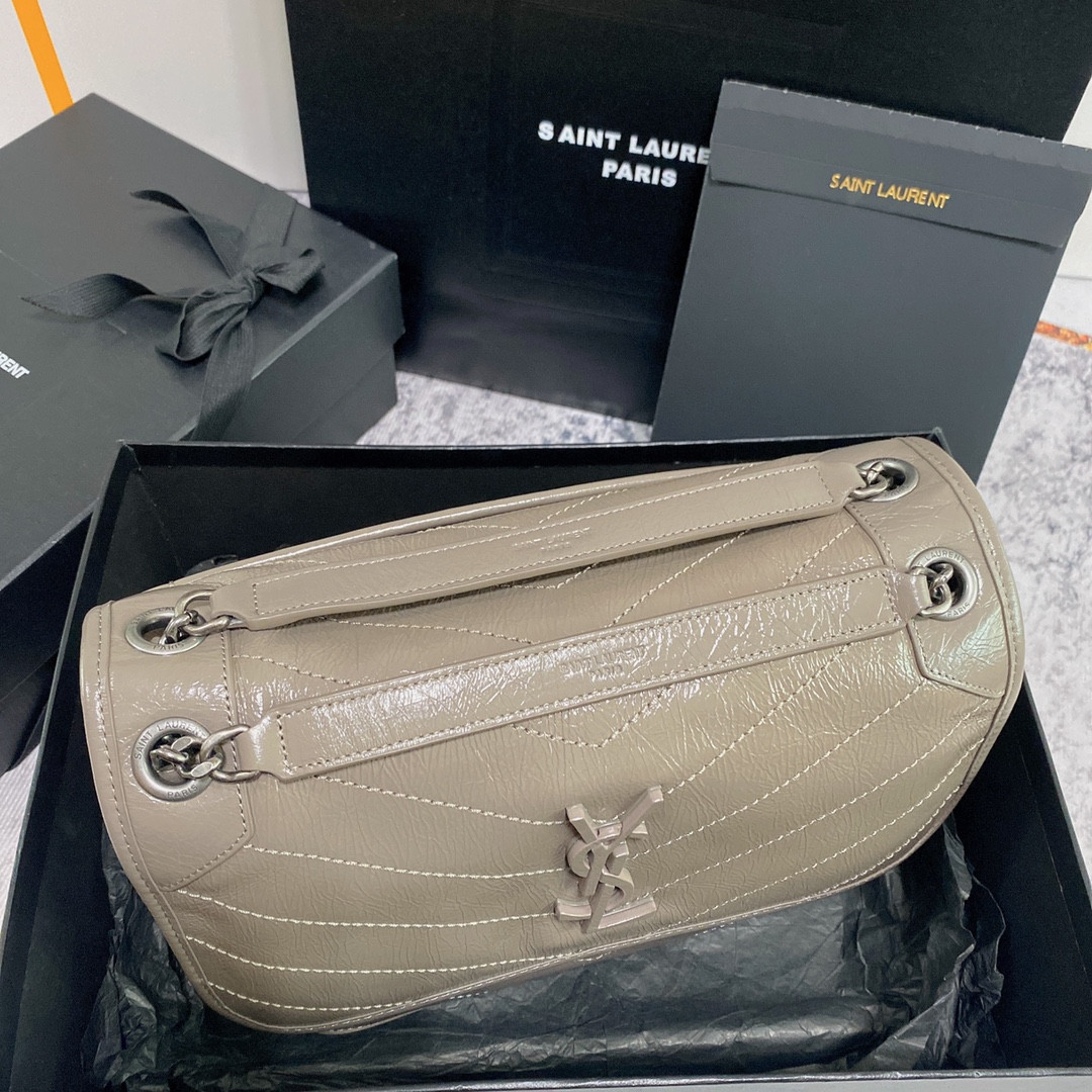 YSL NIKI MEDIUM IN VINTAGE LEATHER LIGHT GRAY 11 X 7.8 X 3.3 INCHES