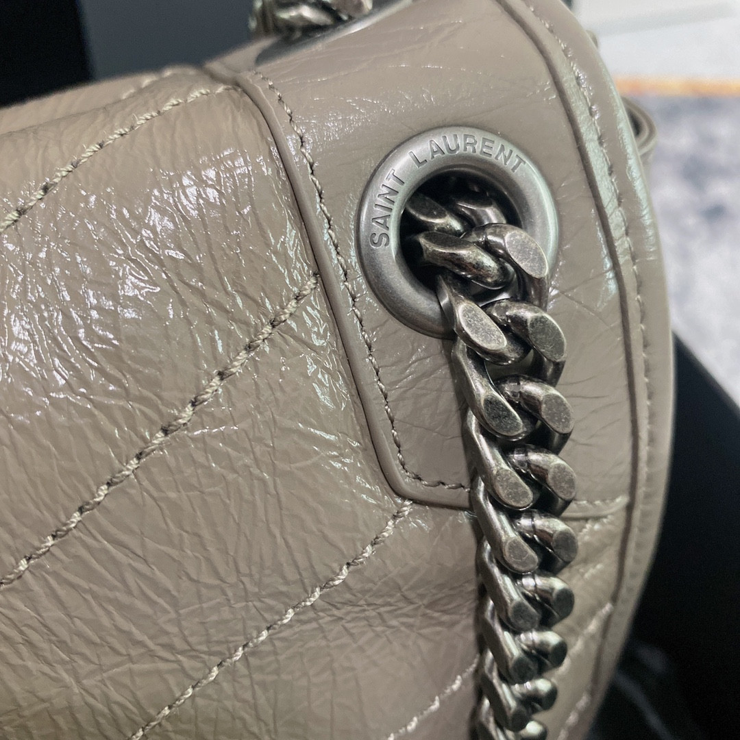 YSL NIKI MEDIUM IN VINTAGE LEATHER LIGHT GRAY 11 X 7.8 X 3.3 INCHES