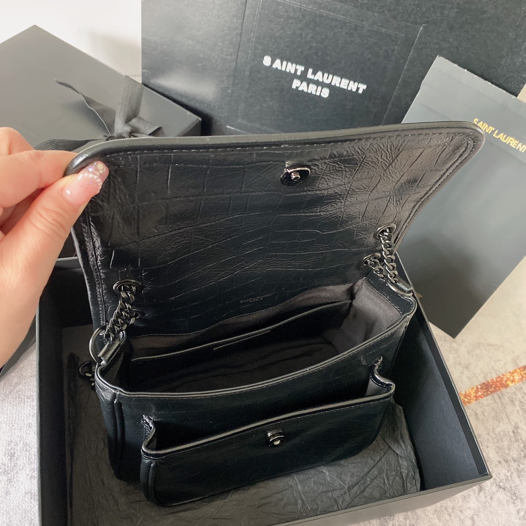 YSL NIKI BABY IN VINTAGE LEATHER BLACK SILVER 8.2 X 6 X 2.9 INCHES