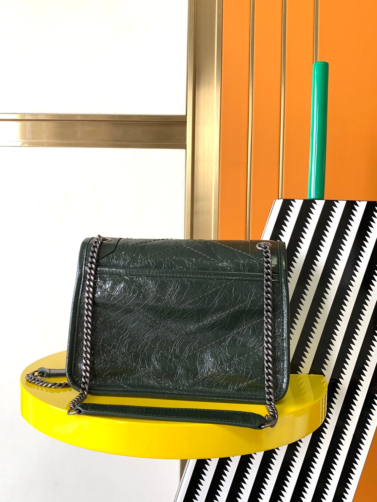 YSL NIKI BABY IN VINTAGE LEATHER DARK GREEN 8.2 X 6 X 2.9 INCHES