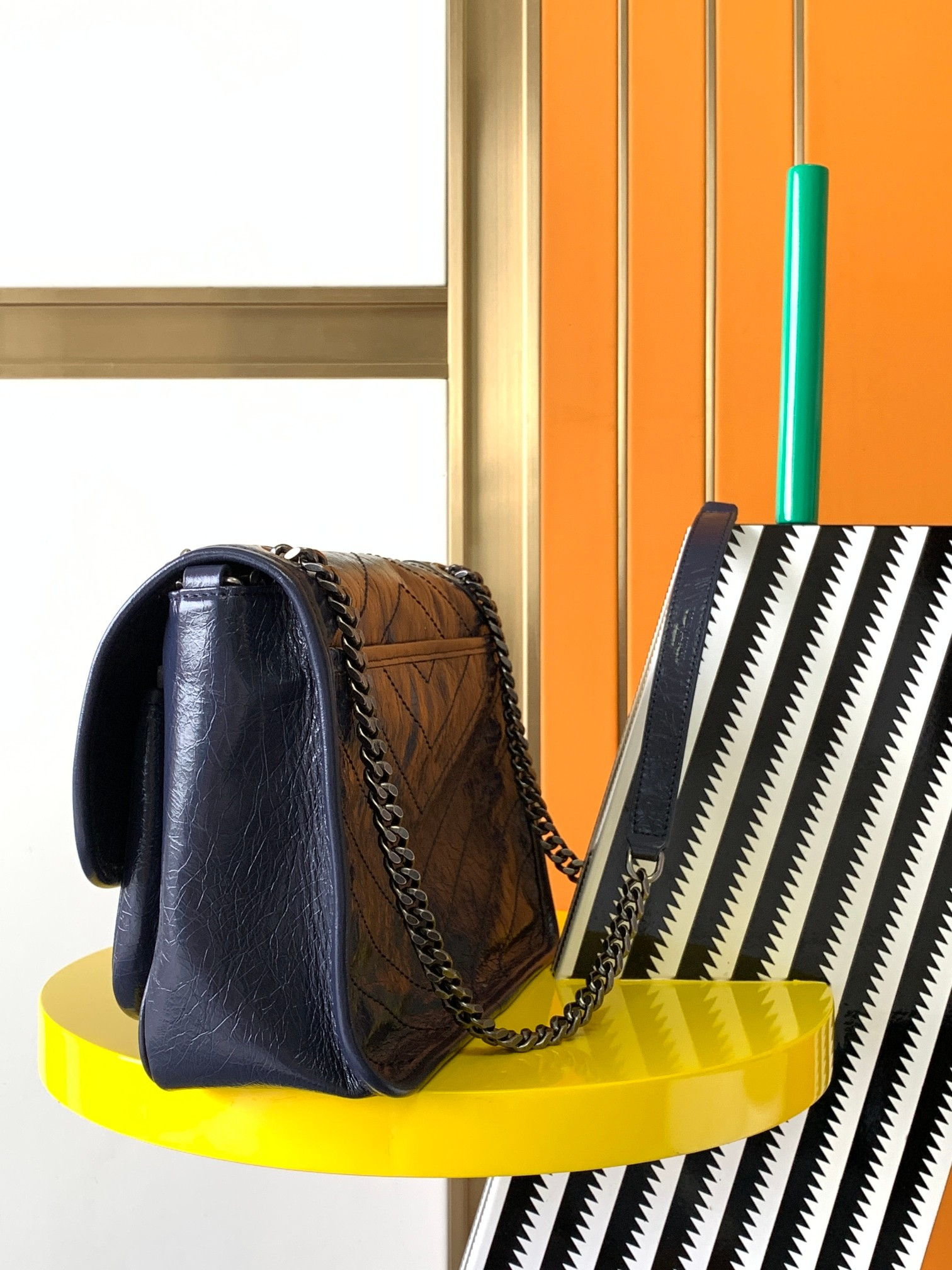 YSL NIKI MEDIUM IN VINTAGE LEATHER navy 11 X 7.8 X 3.3 INCHES