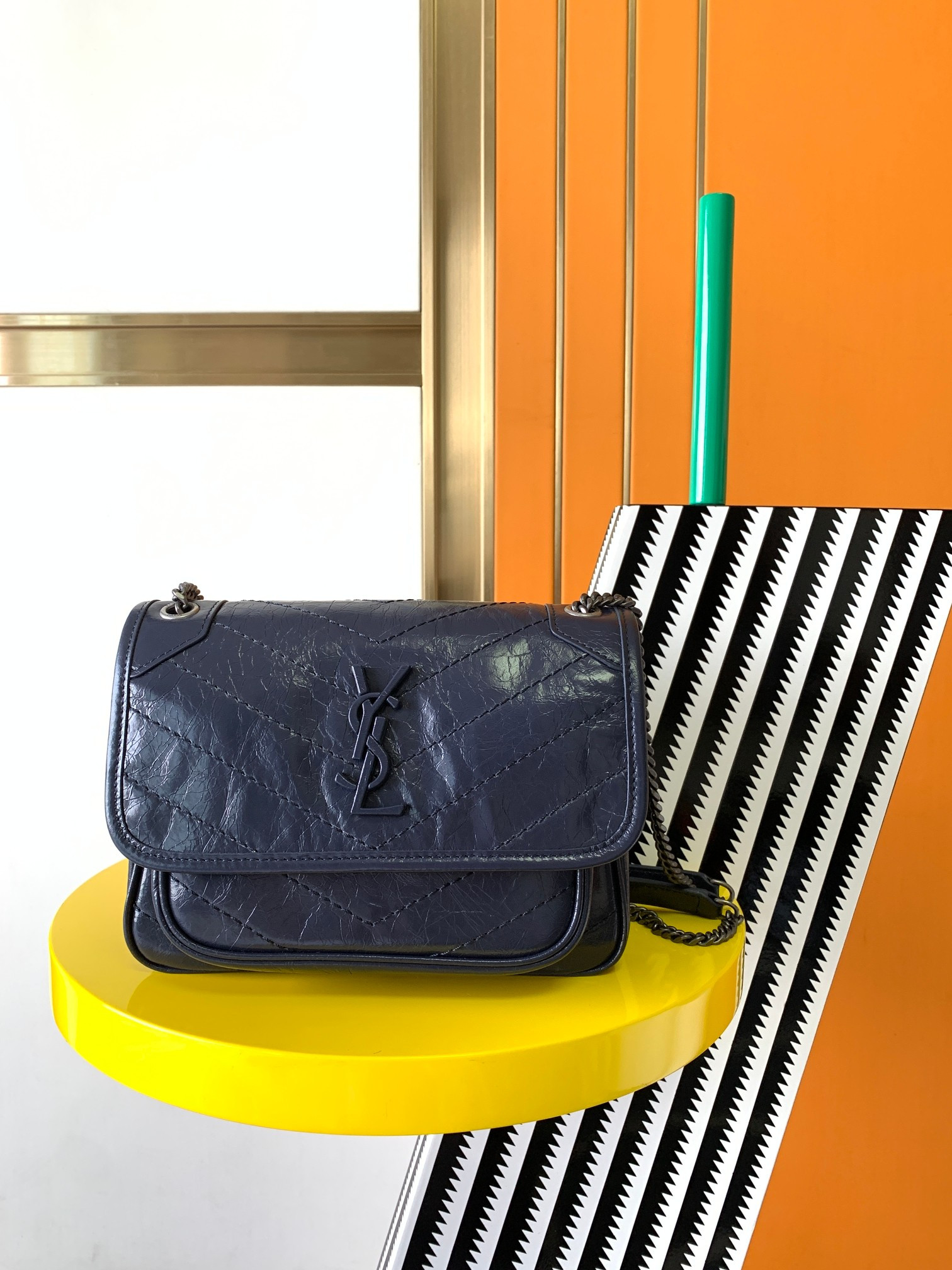 YSL NIKI BABY IN VINTAGE LEATHER NAVY 8.2 X 6 X 2.9 INCHES