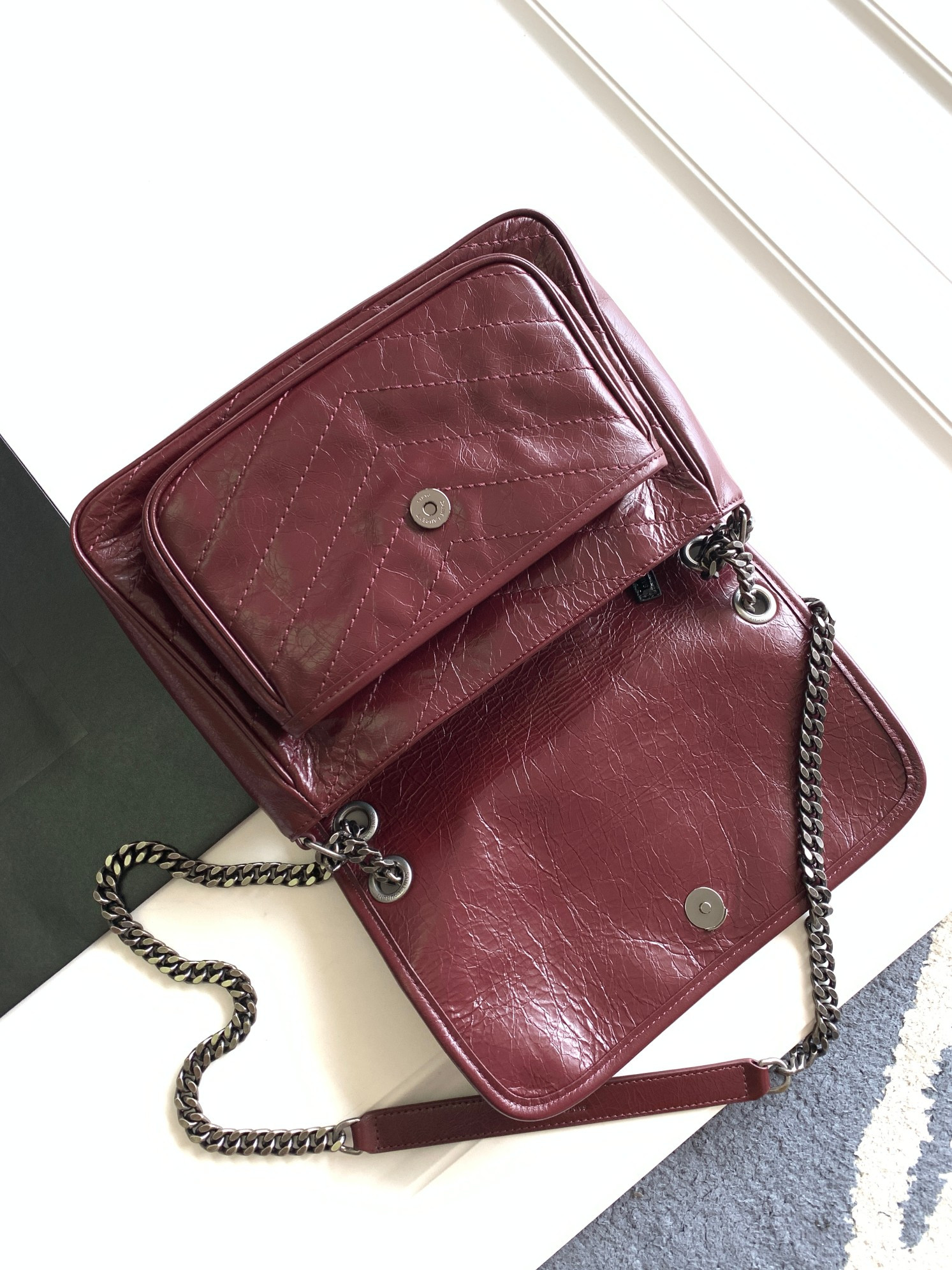YSL NIKI MEDIUM IN VINTAGE LEATHER RED 11 X 7.8 X 3.3 INCHES