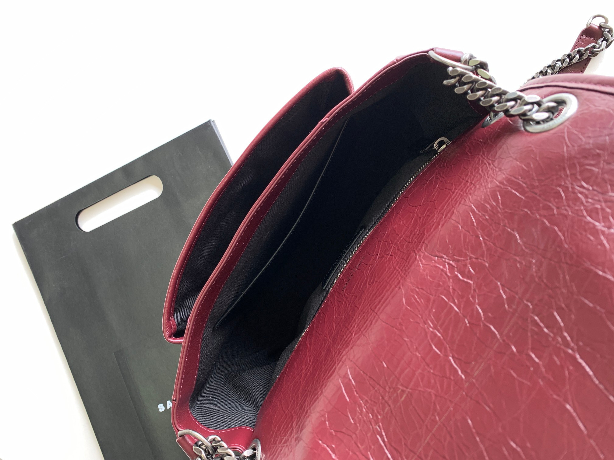 YSL NIKI MEDIUM IN VINTAGE LEATHER RED 11 X 7.8 X 3.3 INCHES