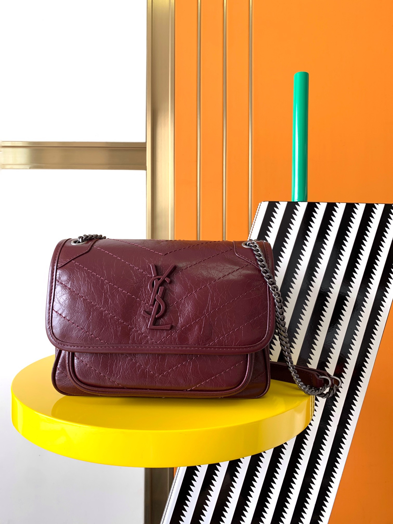 YSL NIKI BABY IN VINTAGE LEATHER Claret 8.2 X 6 X 2.9 INCHES