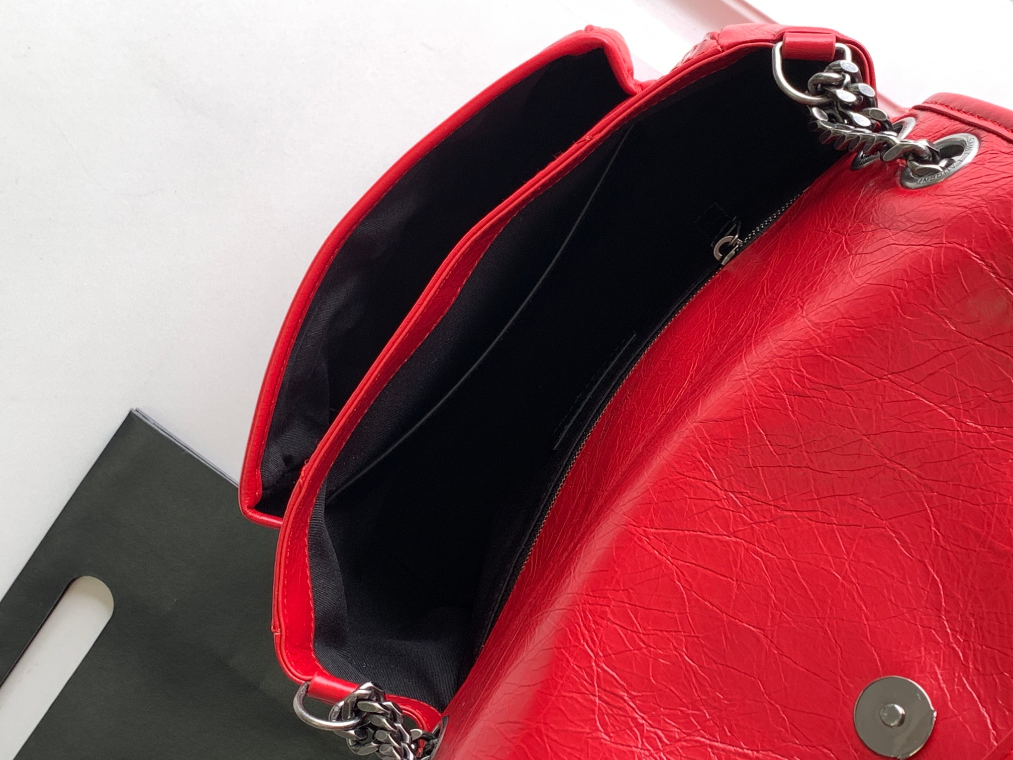 YSL NIKI MEDIUM IN VINTAGE LEATHER SHINY RED 11 X 7.8 X 3.3 INCHES