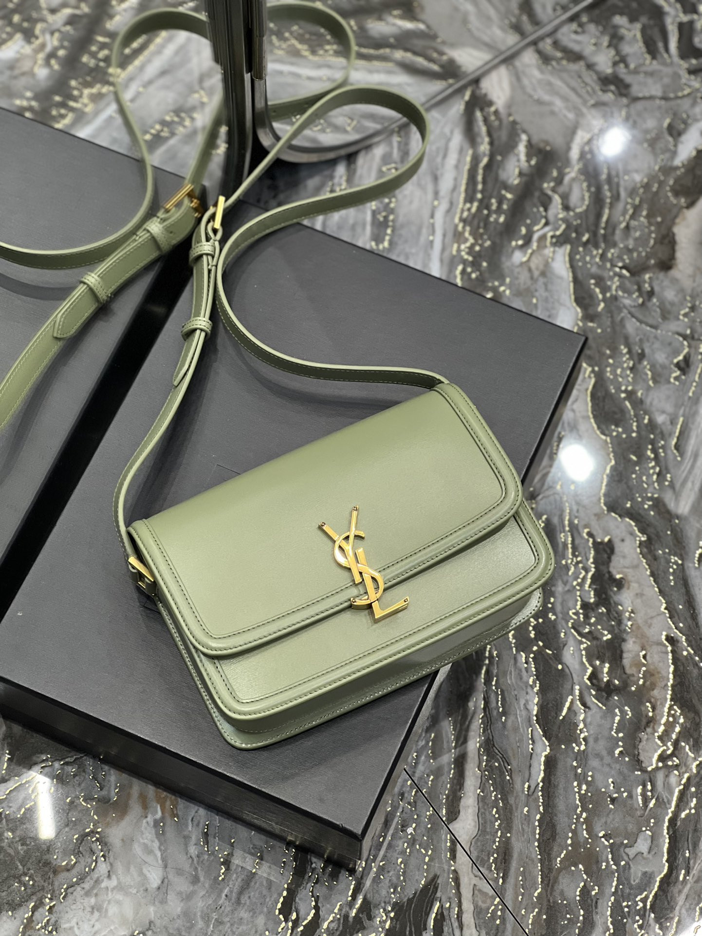 YSL SOLFERINO MEDIUM SATCHEL IN BOX SAINT LAURENT LIGHT GREEN 9.1 X 6.3 X 2.4 INCHES