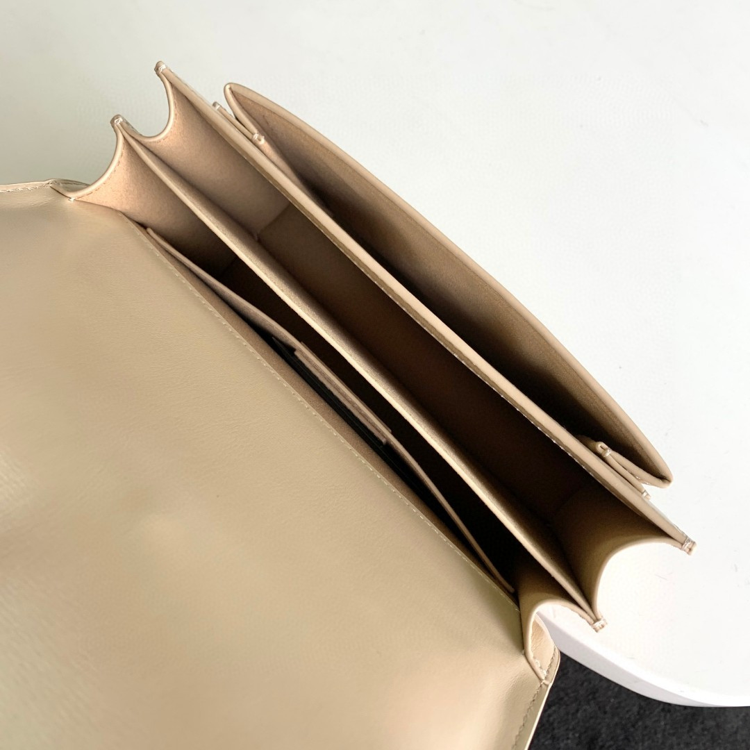 YSL SUNSET MEDIUM IN COATED-BARK LEATHER BEIGE 8 X 6.2 X 2.5 INCHES