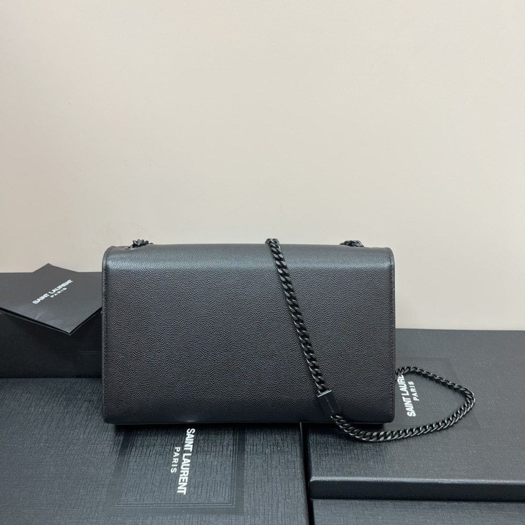 YSL KATE MEDIUM IN GRAIN DE POUDRE EMBOSSED LEATHER ALL BLACK 9.4 X 5.7 X 2.1 INCHES