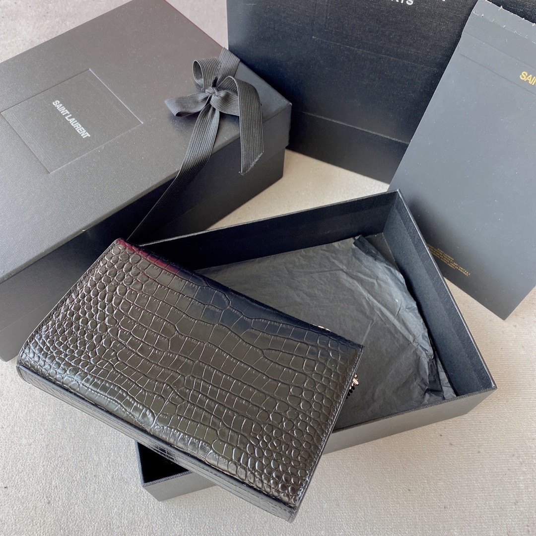 YSL KATE MEDIUM TASSEL IN CROCODILE-EMBOSSED LEATHER BLACK 9.4 X 5.7 X 2.1 INCHES