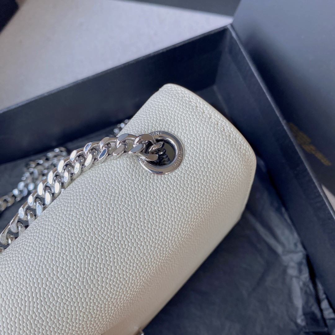 YSL KATE SMALL IN GRAIN DE POUDRE EMBOSSED LEATHER WHITE SILVER 7.8 X 4.9 X 1.9 INCHES