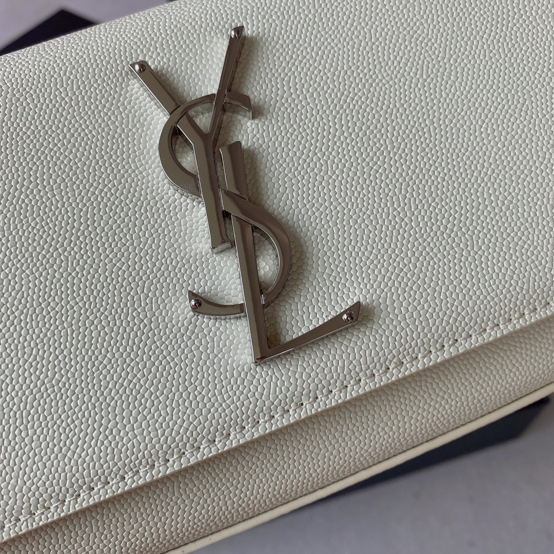 YSL KATE SMALL IN GRAIN DE POUDRE EMBOSSED LEATHER WHITE SILVER 7.8 X 4.9 X 1.9 INCHES