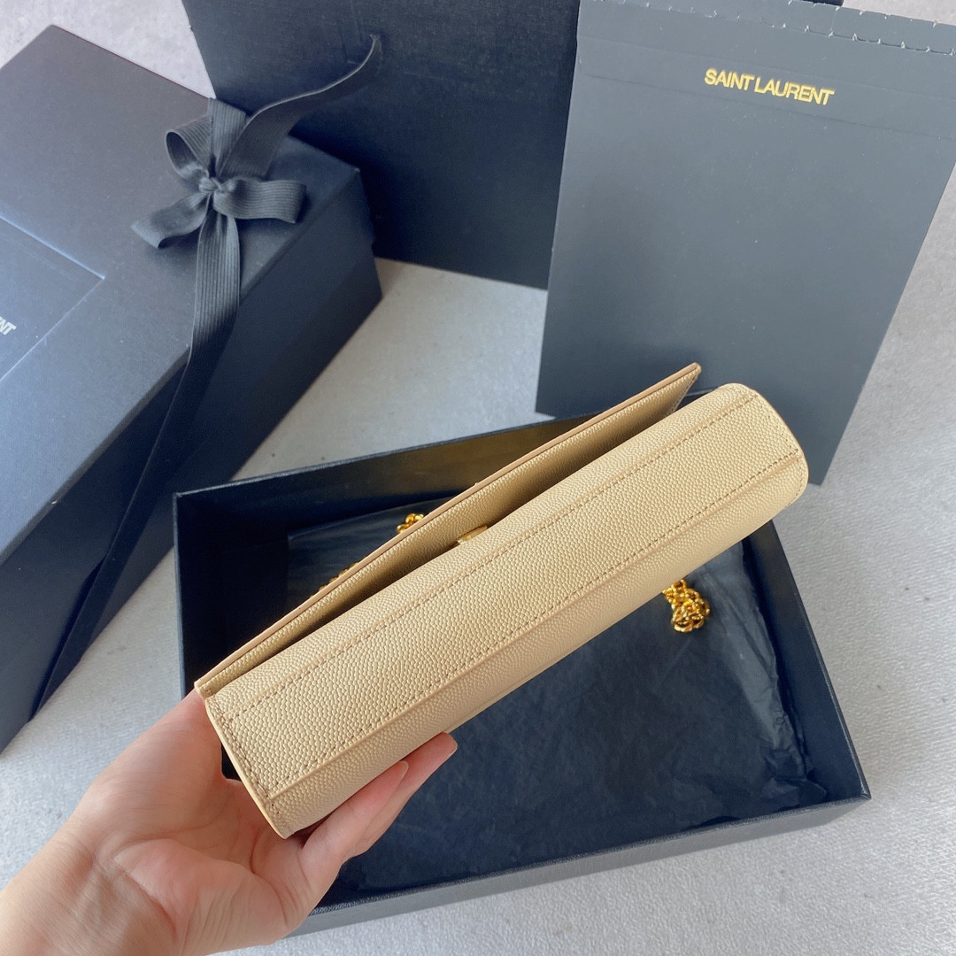 YSL KATE SMALL IN GRAIN DE POUDRE EMBOSSED LEATHER LIGHT YELLOW GOLD 7.8 X 4.9 X 1.9 INCHES